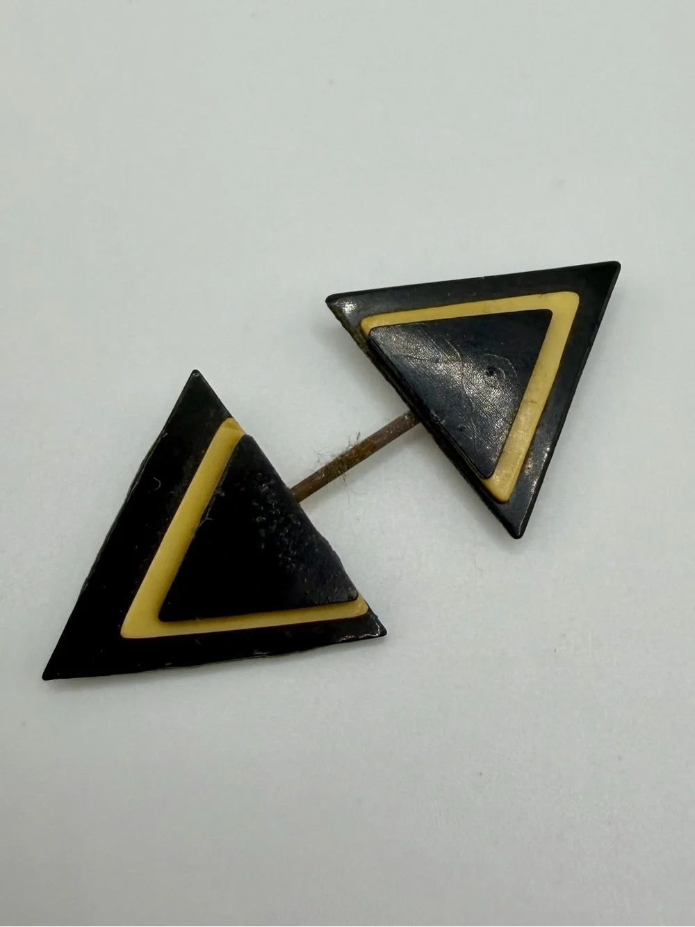 Black Cream Bakelite Geometric Triangle Double End Art Deco Jabot Vtg Layered